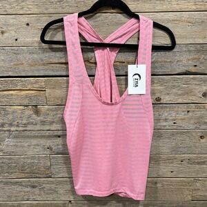 NWT Zyia Active Tank Top Women's Pink Nimbus Split Back‎ Crossover Mesh Stripe L